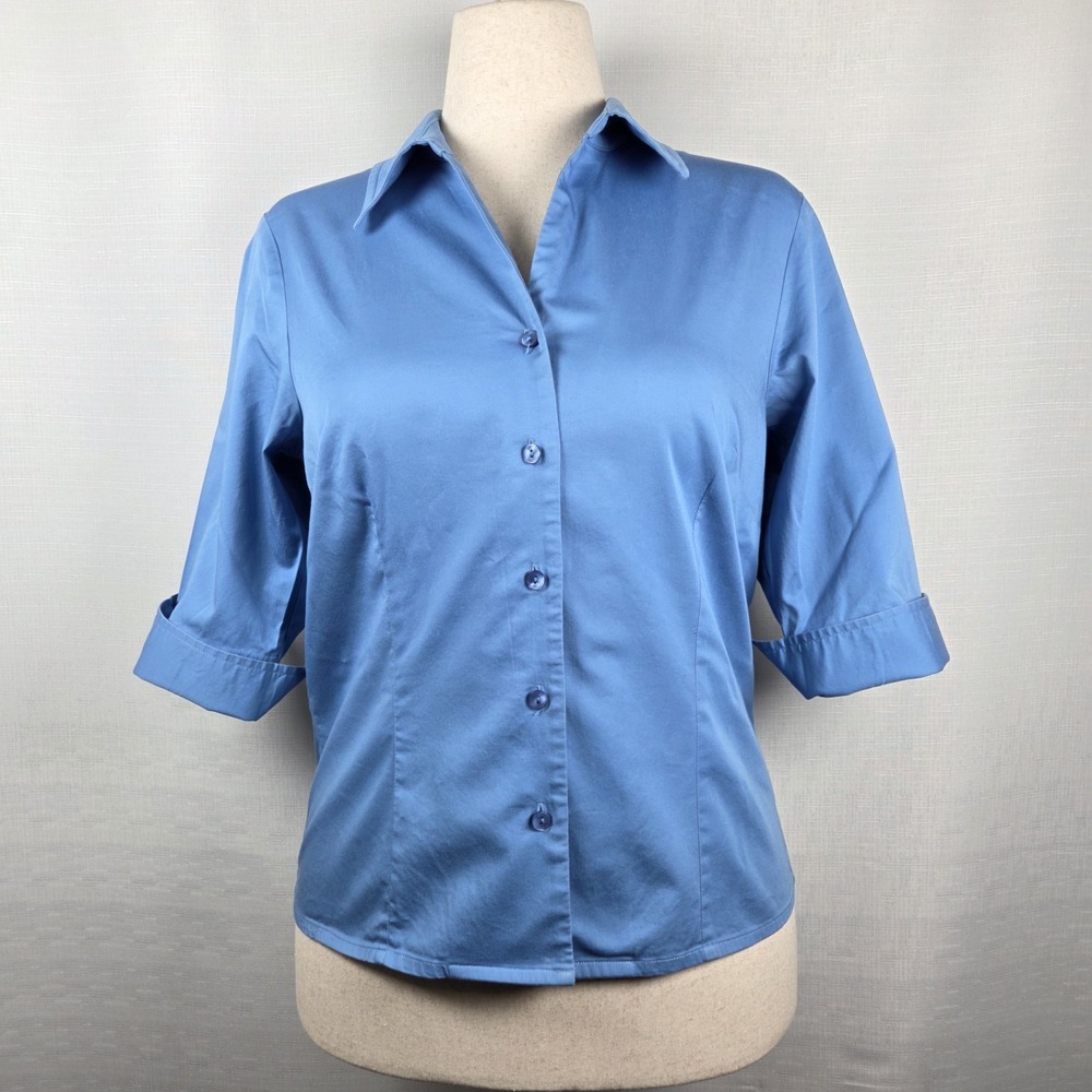 Pendleton Blue Button Down 3/4 Sleeve Shirt Women's M Fitted Preppy Secretary - Picture 2 of 7